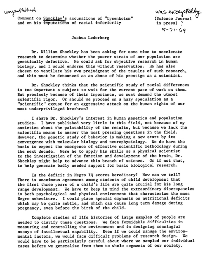 NLM pirated bbaoip JL on Shockley's Accusation of Lysenkoism 8-21-69 p1